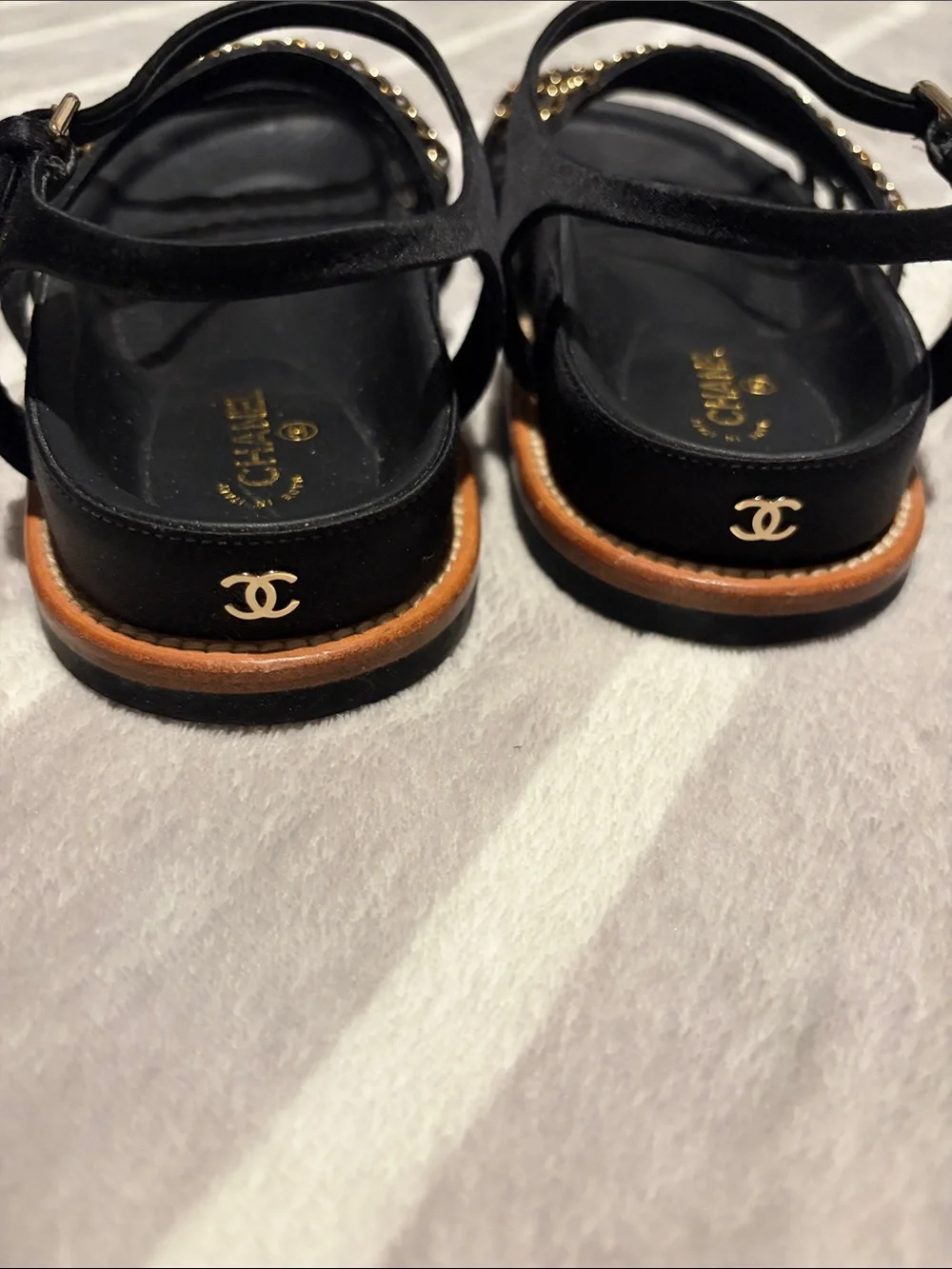 CHANEL Black and Gold Chain-Strap Women’s Sandals